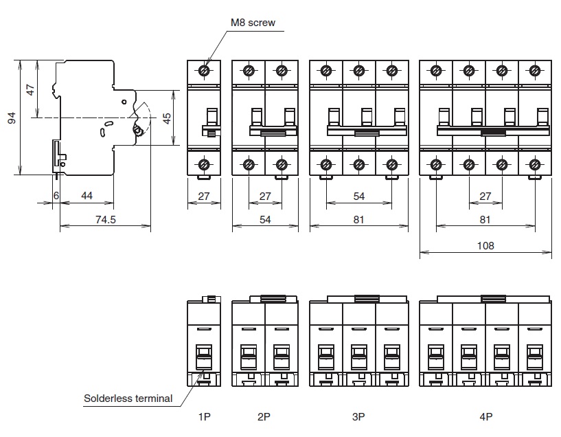 BHW-T10 1P 125A Kích thước MCB Mitsubishi