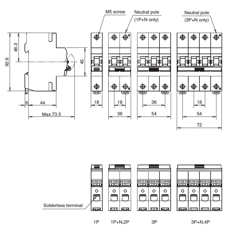 BHW-T10 1P C3 Kích thước MCB Mitsubishi