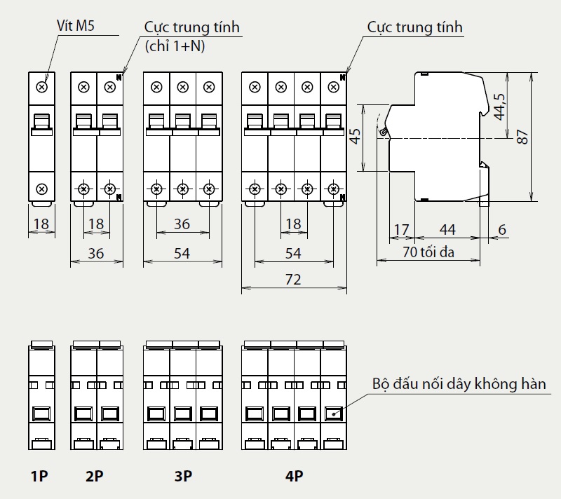 Kích thước MCB BH-D6 1PN 20A