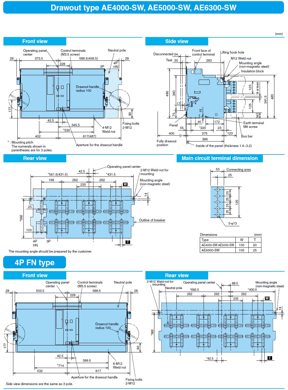 AE6300-SW 4P 6300A 130kA DR Kích thước ACB Mitsubishi